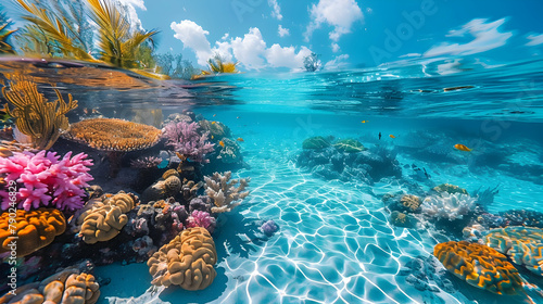 The colorful reef life visible through the clear waters of a shallow lagoon, ideal for snorkeling and underwater photography