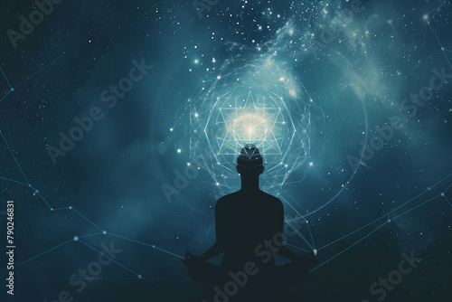 A person meditating in the center of an abstract background with glowing stars and galaxies