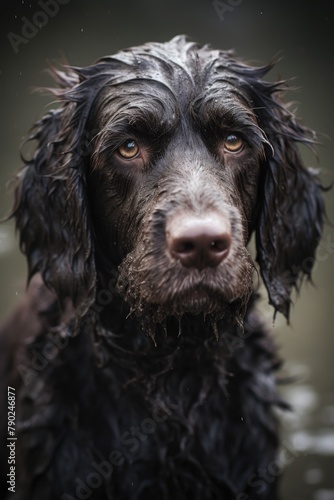 Portrait of an old, wet and mud covered field spaniel dog with piercing eyes. Rescue and help abandoned animals, pets adoption concept	