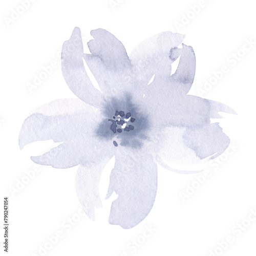 Delicate light blue watercolor open flower isolated on a white background, hand-drawn. A botanical decorative element for a holiday, wedding, design, decoration. An illustration of flowering.