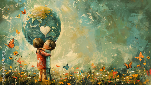 Vintage Earth Day. two children hug each other in front of a giant heart-shaped Earth. Playful butterflies & birds add to the nostalgic love for our planet. © Dinusha