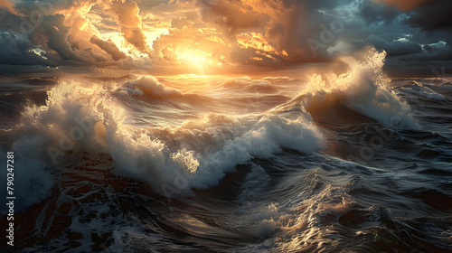 The first rays of the sun breaking through heavy clouds over a stormy sea, illuminating the waves and spray photo