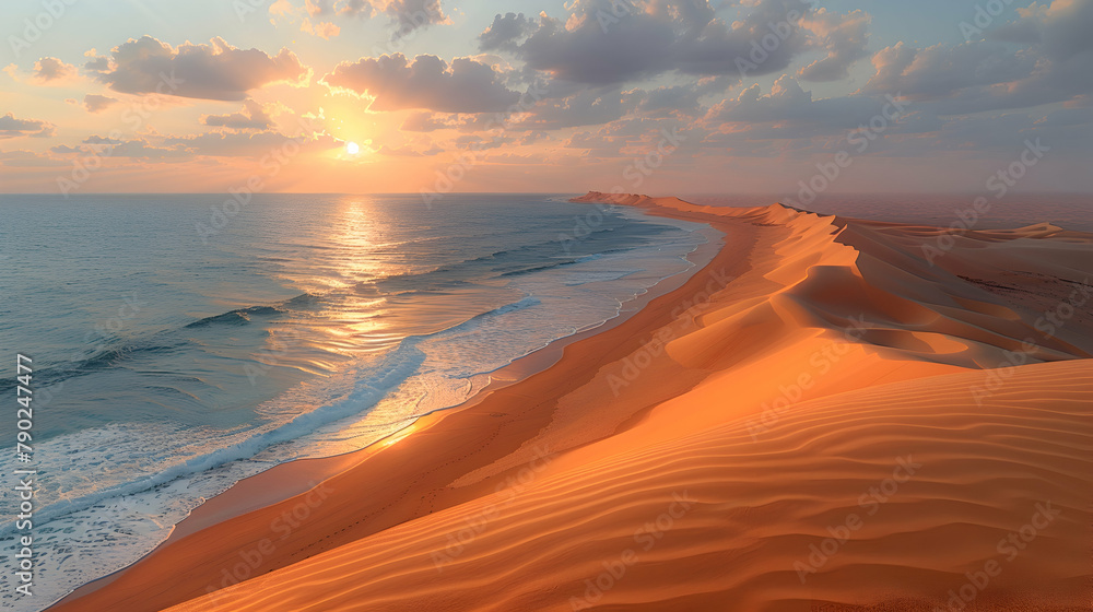 The gentle curves of sand dunes at sunrise, each ridge highlighted by the sun's rays, creating a contrast of light and shadow