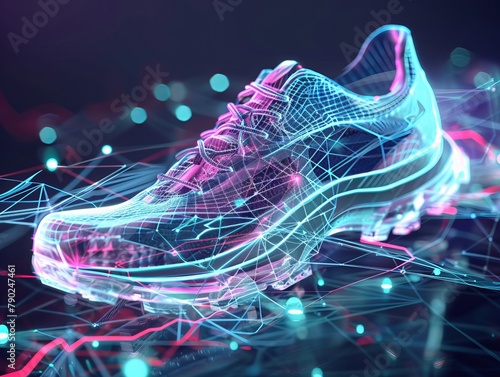 Holographic imagery depicting shoes and sports gear for fitness enthusiasts, emphasizing the importance of outdoor activities for health tracking