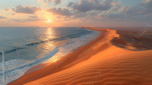 The gentle curves of sand dunes at sunrise, each ridge highlighted by the sun's rays, creating a contrast of light and shadow