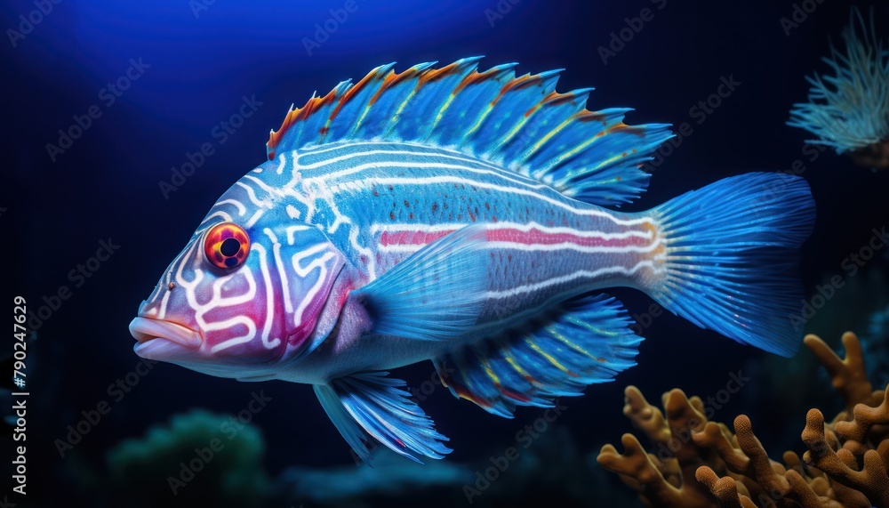 Colorful tropical fish with sharp fins, underwater sea life