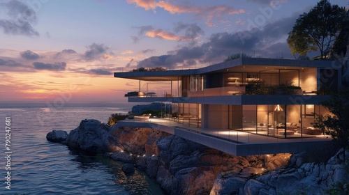 A modernist masterpiece set on a cliffside overlooking the ocean, with cantilevered balconies and panoramic glass walls that capture the essence of coastal living in a contemporary yet timeless design photo