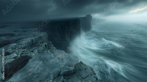 The rugged cliffs of a coastal region during a storm, waves crashing against the rocks, captured with a wide-angle lens