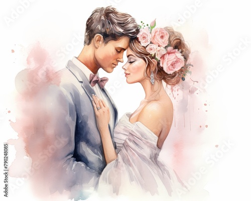 Romantic watercolor illustration of a bride and groom sharing a tender kiss, clipart, single objects, detailed in soft pastels, isolate on white background