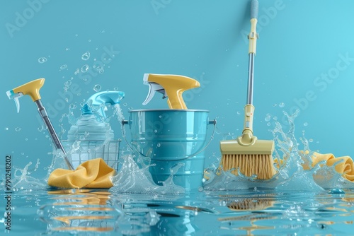 A dynamic scene with a bucket, brushes, towels, and soap suds splashing around, suggesting a vigorous cleaning process, cleaning supplies splashing photo