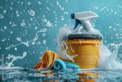 A dynamic scene with a bucket, brushes, towels, and soap suds splashing around, suggesting a vigorous cleaning process, cleaning supplies splashing