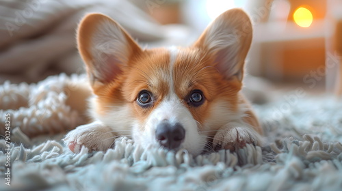 Close portrait of welsh corgi dog looking attentively. A beloved pet in a beautiful home. 