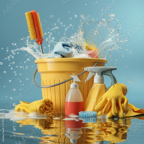 A dynamic scene with a bucket, brushes, towels, and soap suds splashing around, suggesting a vigorous cleaning process, cleaning supplies splashing
