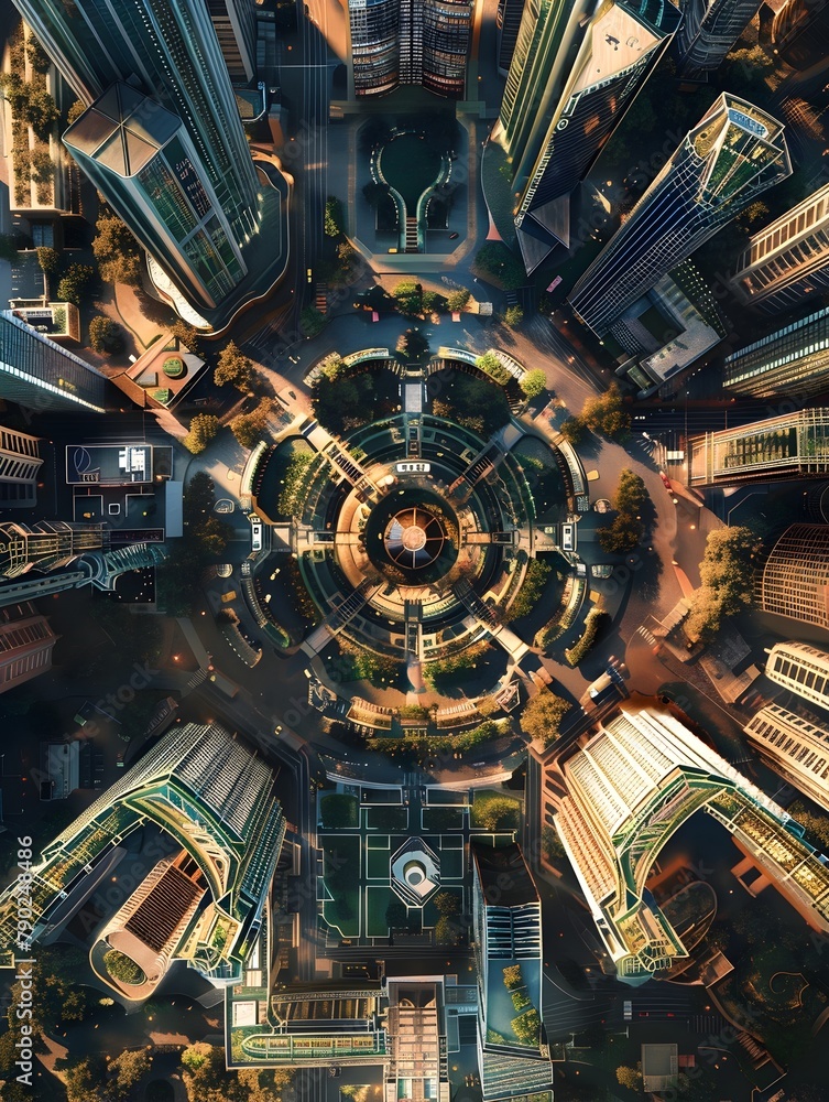Captivating Aerial View of a Futuristic Financial Metropolis at Night