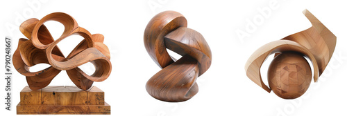 set of different wooden sculptures, each an example of modern woodworking art, isolated on transparent background