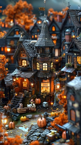 Haunting Chibi Fantasy Village with Cozy Cottages and Pumpkins in Autumn Night