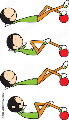 Cartoon vector illustration of a boy exercising - side crunch with medicine ball