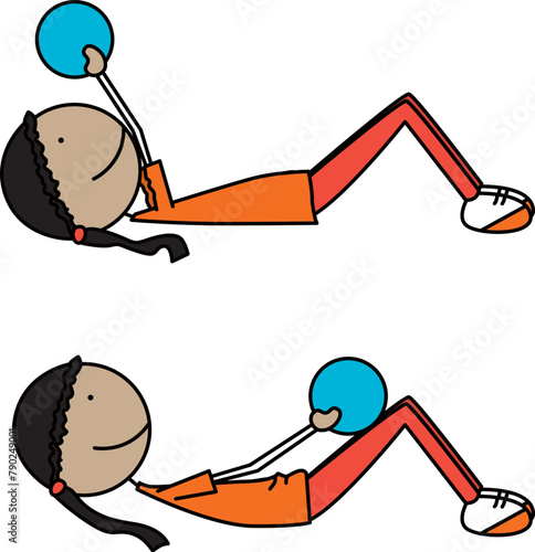 Cartoon vector illustration of a girl exercising - pullover crunch with medicine ball