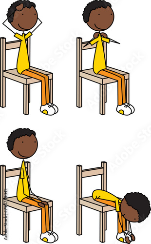 Cartoon vector illustration of a boy exercising - touching head, shoulders, knees and toes sitting on a chair