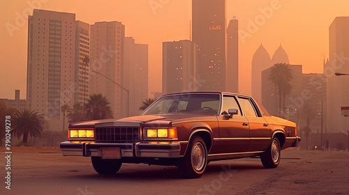 Expesive retro car in 70s style on the urban street with orange sky.