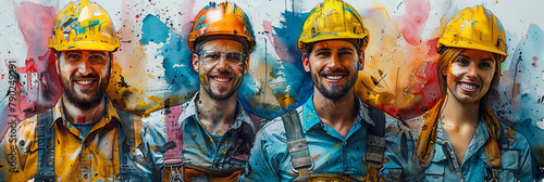 closeup of four worker groups with copy space and watercolor painting on a white background
