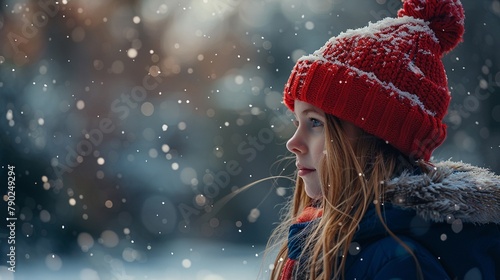 Looking at the girl in her red hat and blue coat, one cant help but be reminded of the simple joys of winter and the beauty of nature in all its seasons 8K , high-resolution, ultra HD,up32K HD photo