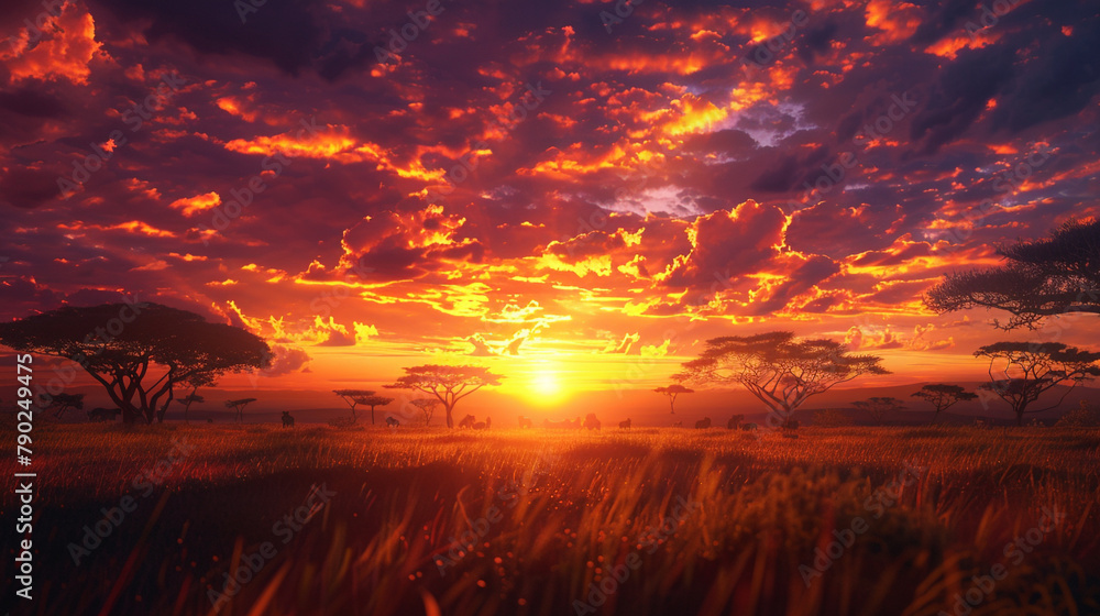 A dramatic sunset over a vast savanna, with silhouetted acacia trees and grazing wildlife against a backdrop of fiery oranges and purples, capturing the essence of the African wilderness. 