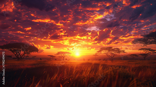 A dramatic sunset over a vast savanna  with silhouetted acacia trees and grazing wildlife against a backdrop of fiery oranges and purples  capturing the essence of the African wilderness. 