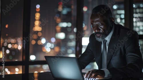 Man Working on Laptop at Night photo