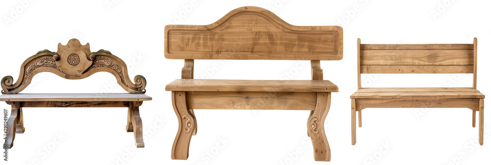 set of different wooden benches, each blending functionality with decorative art, isolated on transparent background set of different wooden benches, each blending functionality with decorative art, isolated on transparent background