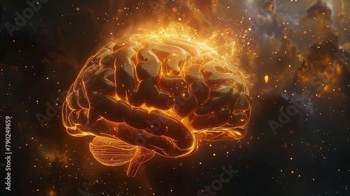 Digital illustration of a human brain engulfed in flames against a dark, sparkling backdrop, symbolizing intense thinking or ideas.