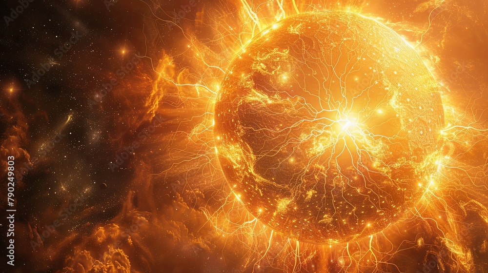 A fiery orb encircled by dynamic plasma trails against a cosmic backdrop, symbolizing energy and perpetual motion.