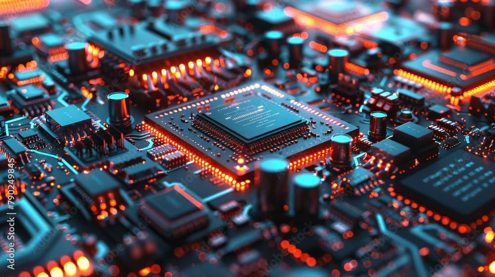 An animated cyberpunk AI in 3D. Circuit board. Technology background.  Concept of CPU and GPU in processors.