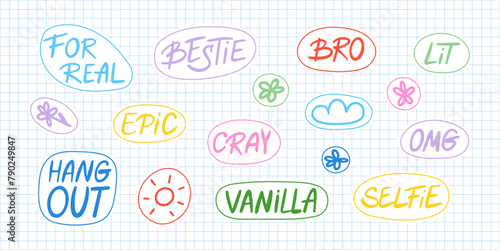 Set of slang words, hand drawn lettering of modern short phrases. Gen Z buzzword, millenial catchphrase stickers collection with colorful doodles in vector