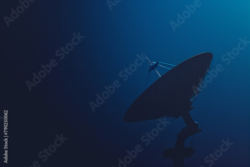 minimalist composition of silhouette of a satellite dish against a deep blue tech background, representing the global reach and connectivity of internet technology.