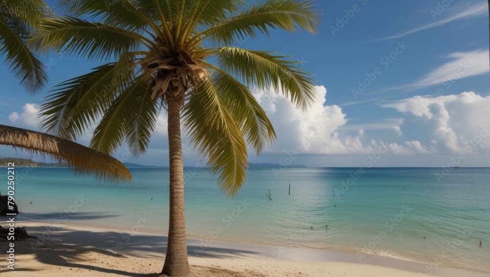 Fototapeta premium Coconut palms lining the coastline, their slender trunks bending gracefully towards the sea, fronds swaying in the ocean breeze, a picturesque sight of tropical tranquility, where land meets the endle