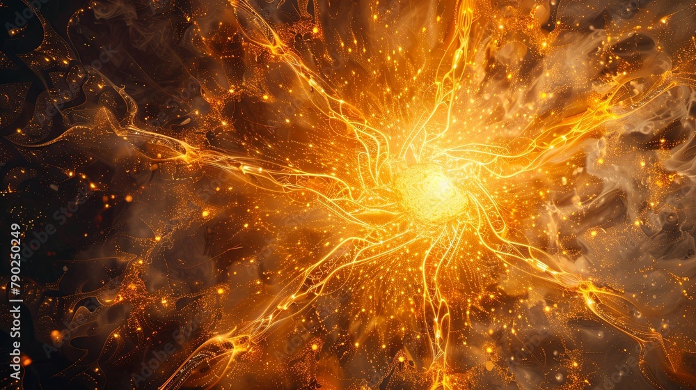 Fototapeta premium Swirling golden glitter in dynamic motion on a dark background. Abstract concept of galaxy or space. Design for backdrop, cosmic event promotion, or science fiction theme.