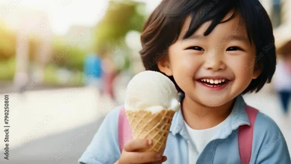 (((Asian Child Holding an Ice Cream Smiling))) A heartwarming and photorealistic scene depicting an Asian child holding an ice cream cone with a joyful smile, capturing the happiness and innocence in (((Asian Child Holding an Ice Cream Smiling))) A heartwarming and photorealistic scene depicting an Asian child holding an ice cream cone with a joyful smile, capturing the happiness and innocence in