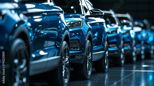A row of blue SUVs is in position. fleet of standard modern vehicles. Transportation. Fleet of luxury off-road vehicles is made up of generic, nameless vehicles. isolated on black background photo