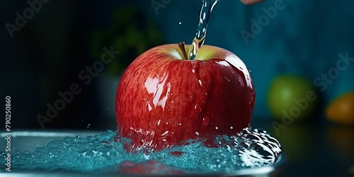 Water pouring on red apple against blue backgroound. Close-up of apple being washed under steady stream of water with droplets splashing around. Healthy eating habits and natural food presentation