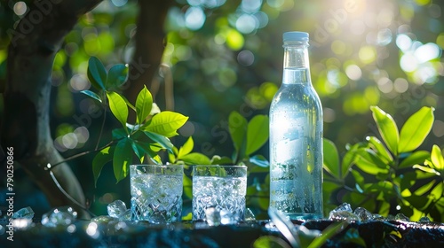 Fresh, cold water in a bottle and a glass against a backdrop of nature.