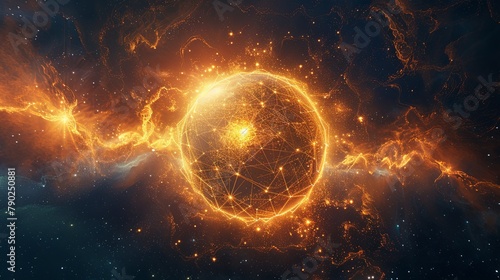 A fiery orb encircled by dynamic plasma trails against a cosmic backdrop, symbolizing energy and perpetual motion. photo