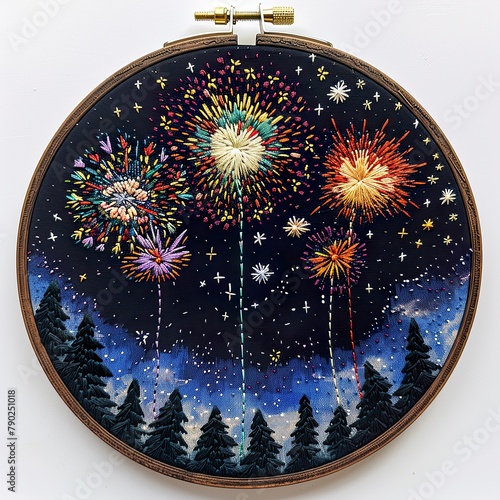 Fireworks embroidery stablized in embroidery hoop on a white background. photo