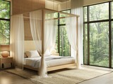 A bedroom with a canopy bed and a white curtain. The curtains are drawn, and the room is filled with natural light. The bed is made, and there are two pillows on it. The room has a cozy