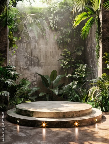 Lush greenery surrounding a circular podium