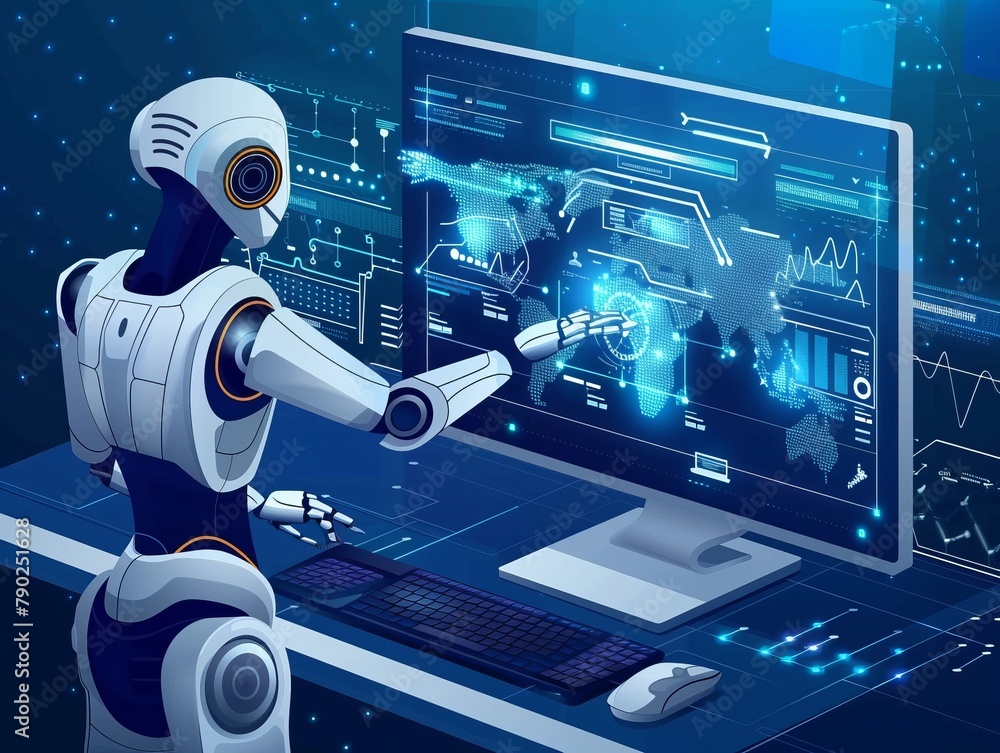 Futuristic Robot Analyzing Data on Screen High-Tech Control Futuristic Robot Analyzing Data on Screen High-Tech Control