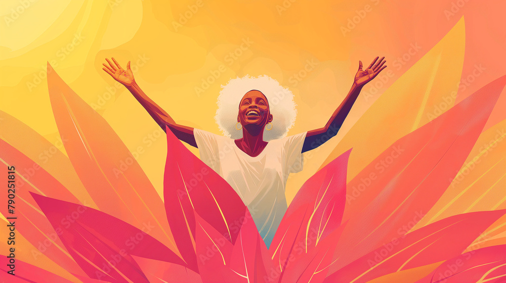 Bold pastel vector art of African American woman with white hair, floating on giant flower, arms raised in celebration. Minimalist, vibrant, joyful, earth day concept