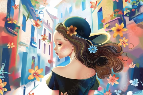 Graceful Lady girl Strolling Through a Vibrant, Flower-Lined Alley in Spring