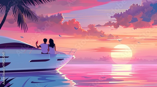 illustration of  Romantic Couple Enjoying a Serene Sunset Aboard a Luxury Yacht Near Tropical Shoreline © Yury