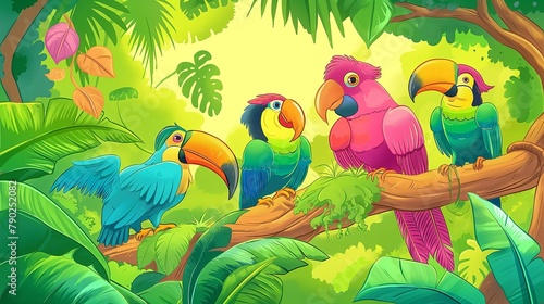 Colorful  Cartoon Parrots Perched in a Lush Jungle Environment